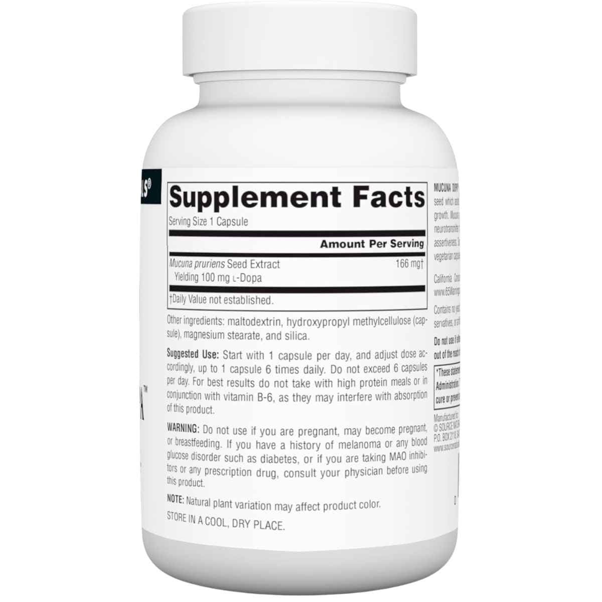 Tabla nutricional del suplemento Source Naturals Mucuna Dopa 100 mg 120 cápsulas