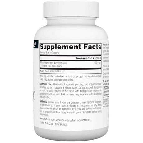 Tabla nutricional del suplemento Source Naturals Mucuna Dopa 100 mg 120 cápsulas