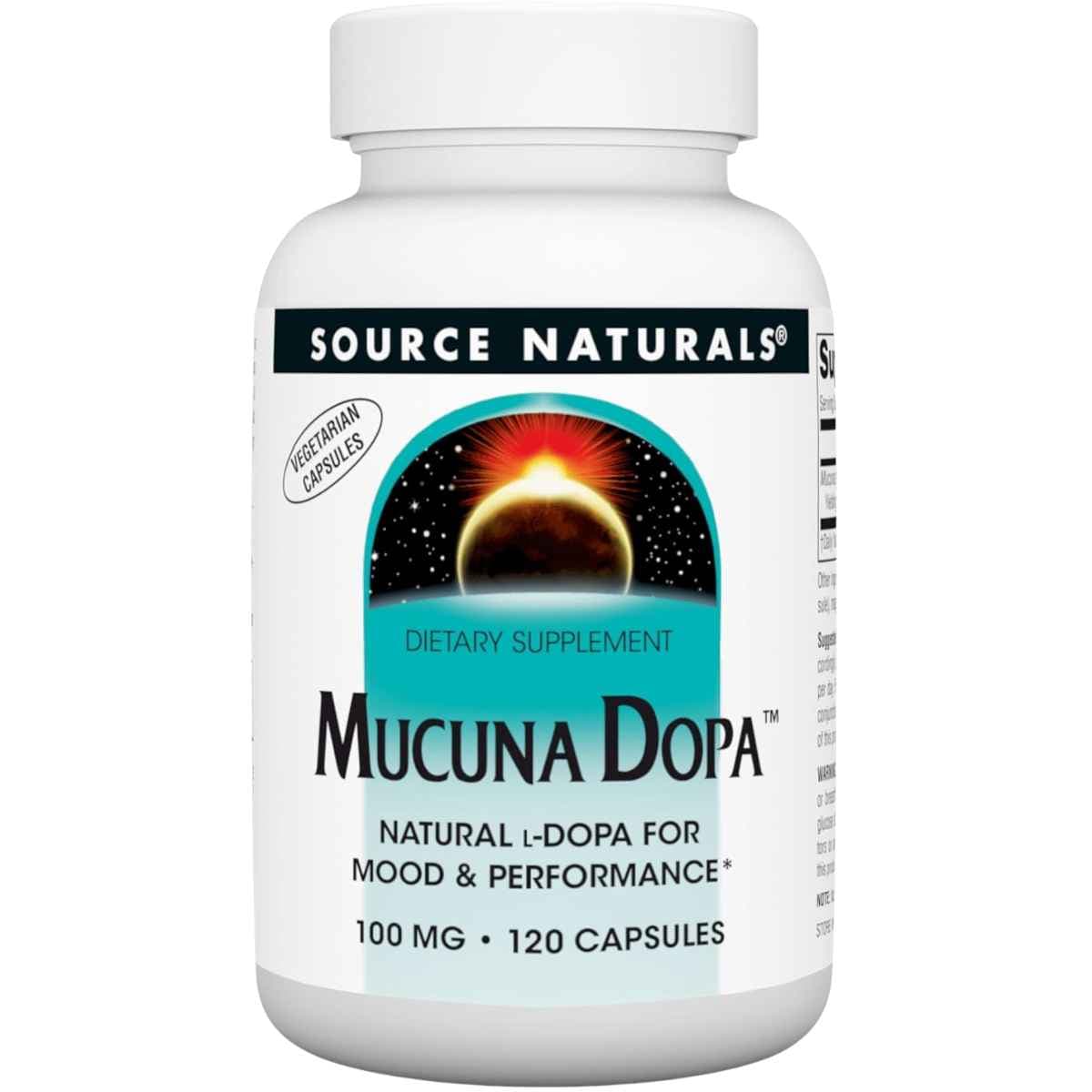Frasco de suplemento Source Naturals Mucuna Dopa 100 mg 120 cápsulas