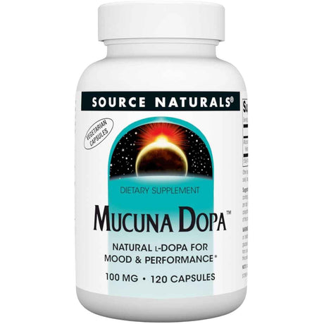 Frasco de suplemento Source Naturals Mucuna Dopa 100 mg 120 cápsulas