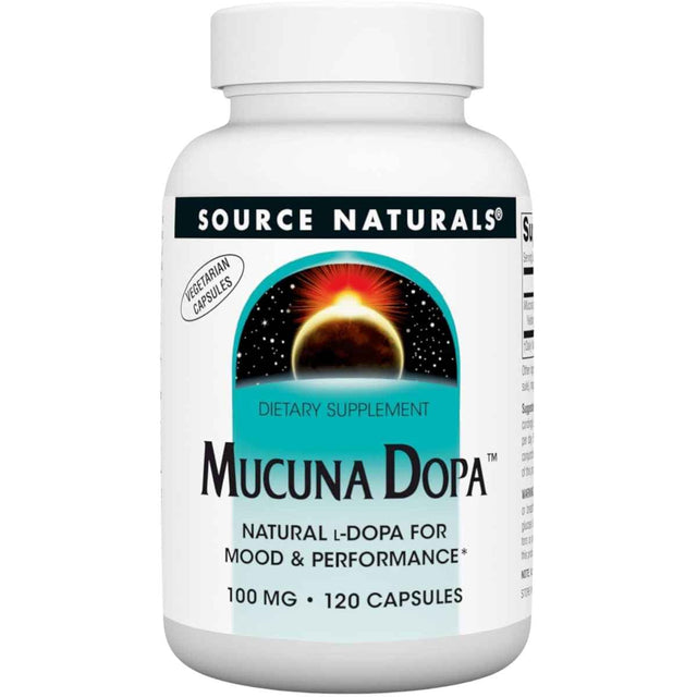 Frasco de suplemento Source Naturals Mucuna Dopa 100 mg 120 cápsulas
