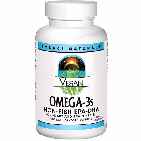 Frasco frontal de Source Naturals Omega 3 Vegano EPA-DHA con 30 cápsulas blandas veganas