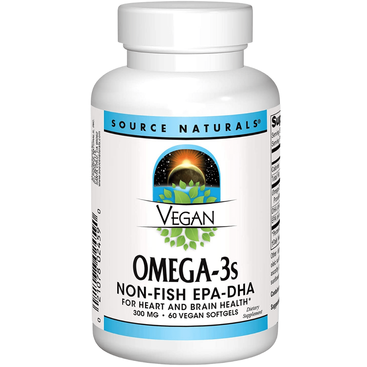 Frasco frontal de Source Naturals Omega 3 Vegano EPA-DHA con 60 cápsulas blandas veganas