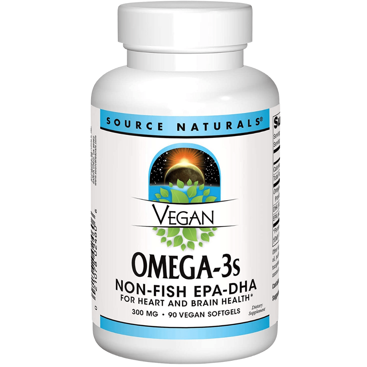Frasco frontal de Source Naturals Omega 3 Vegano EPA-DHA con 90 cápsulas blandas veganas