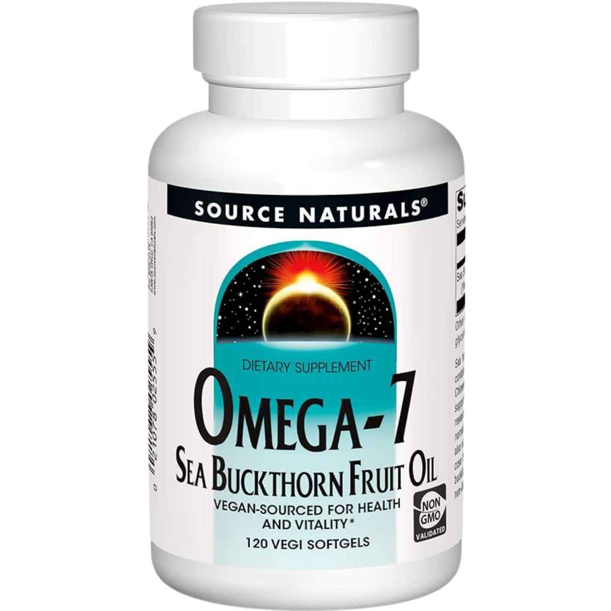 Frasco frontal de Source Naturals Omega 7 aceite de fruto de espino amarillo con 120 cápsulas blandas veganas