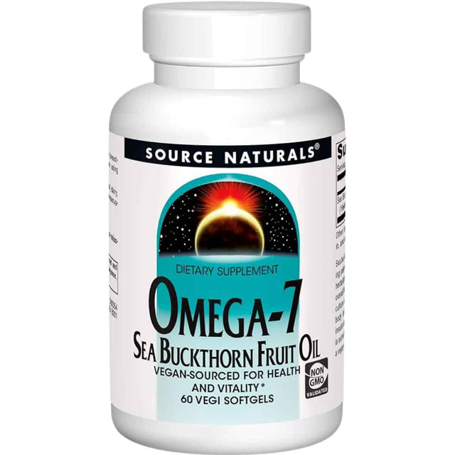 Frasco frontal de Source Naturals Omega 7 aceite de fruto de espino amarillo con 60 cápsulas blandas veganas