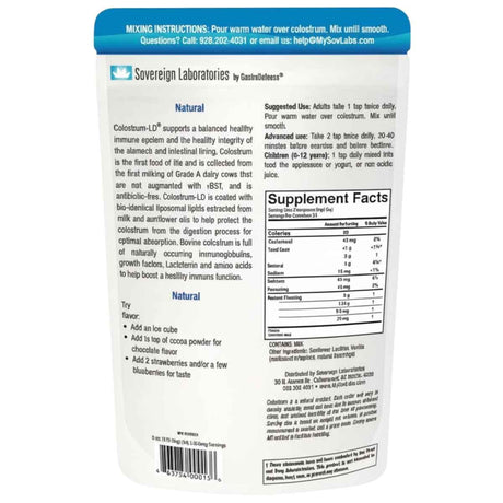 Tabla nutricional del suplemento Sovereign Laboratories Calostro Bovino Liposomal en polvo de 170 g