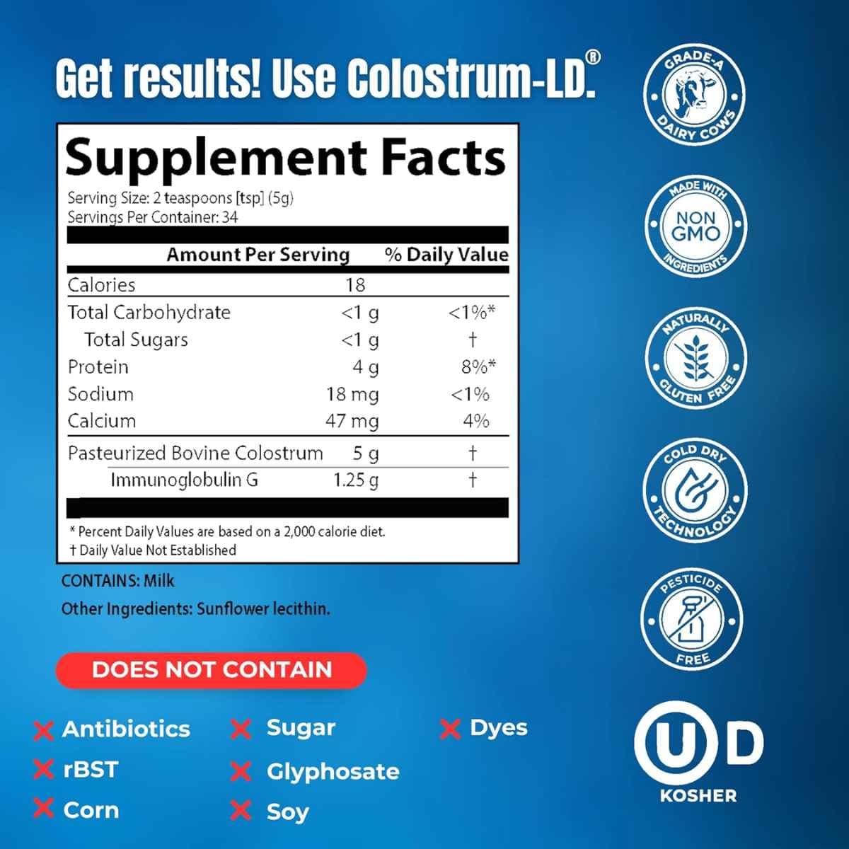 Tabla nutricional del suplemento Sovereign Laboratories Calostro-LD 170g Sabor Natural