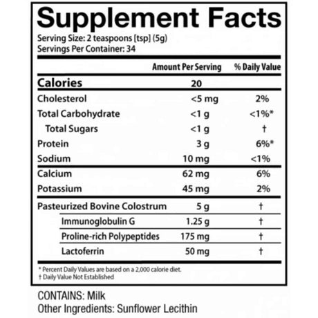 Tabla nutricional del suplemento Sovereign Laboratories Calostro-LD 170g Sabor Vainilla