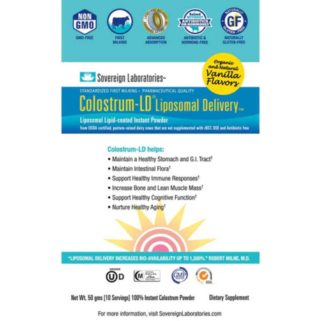 Bolsa de suplemento Sovereign Laboratories Calostro-LD 50g Sabor Vainilla