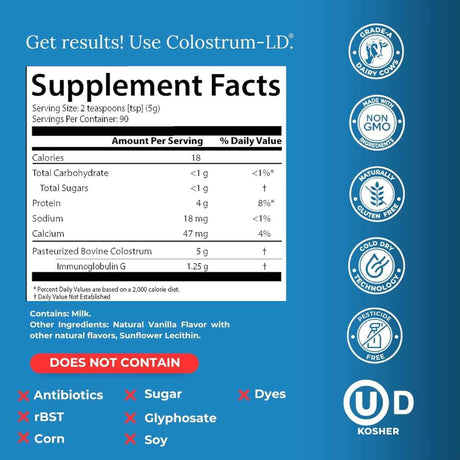 Tabla nutricional del suplemento Sovereign Laboratories Calostro-LD Sabor Vainilla 340 gramos