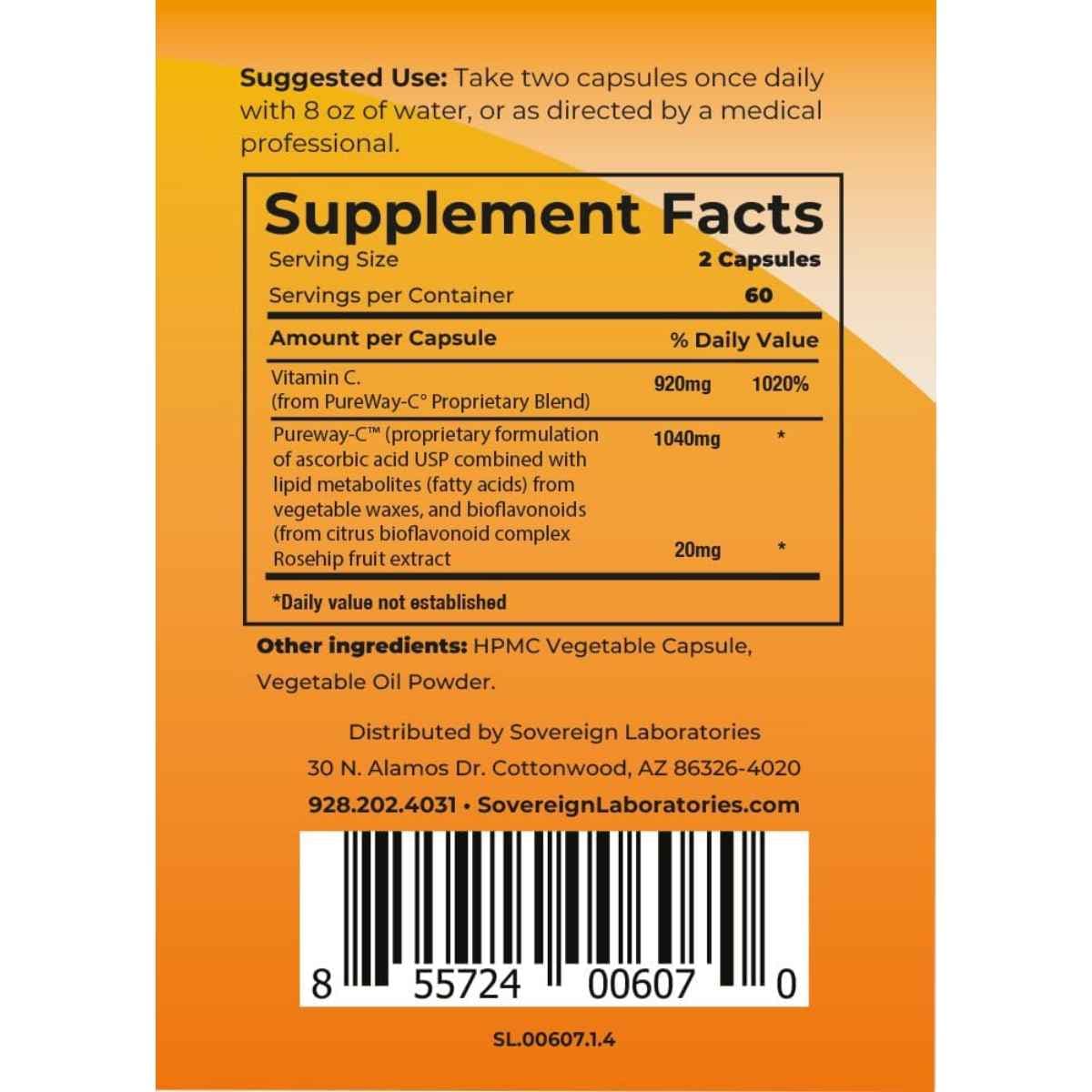 abla nutricional del suplemento Sovereign Laboratories Vital C-LD 120 cápsulas