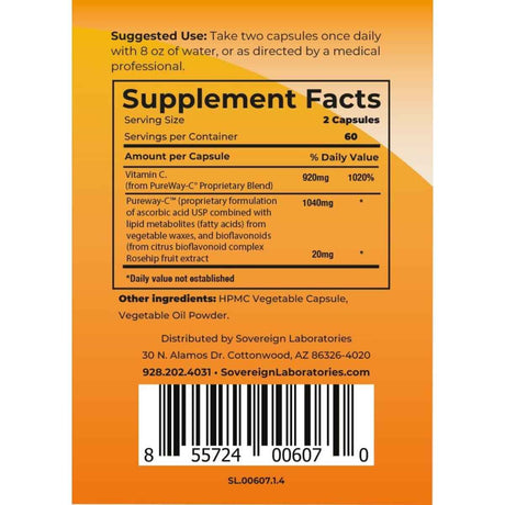 abla nutricional del suplemento Sovereign Laboratories Vital C-LD 120 cápsulas