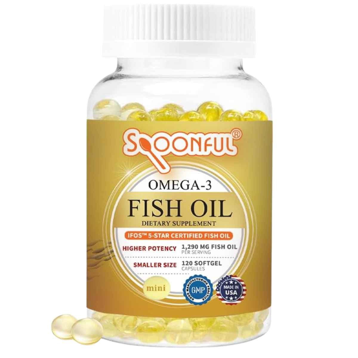Frasco frontal de Spoonful Mini Omega 3, presentación de 120 cápsulas blandas