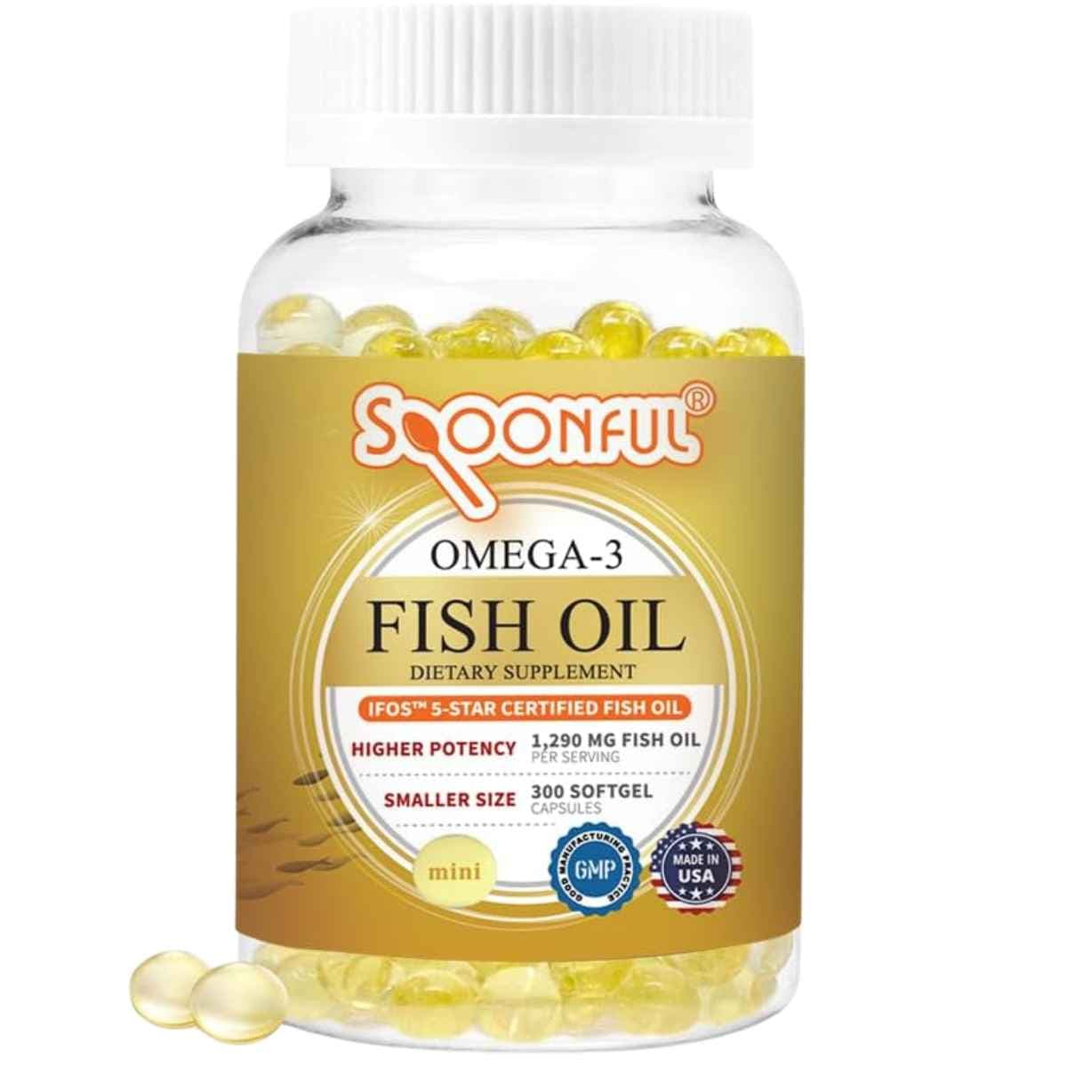 Frasco frontal de Spoonful Mini Omega 3, presentación de 300 cápsulas blandas