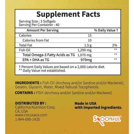 Etiqueta de suplemento de Spoonful Mini Omega 3, presentación de 120 cápsulas blandas