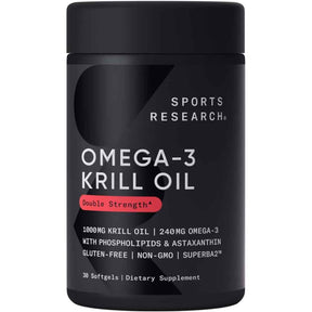 Frasco frontal de Sports Research Aceite de Krill Omega 3 Double Strength, presentación de 1000 mg y 30 cápsulas blandas.