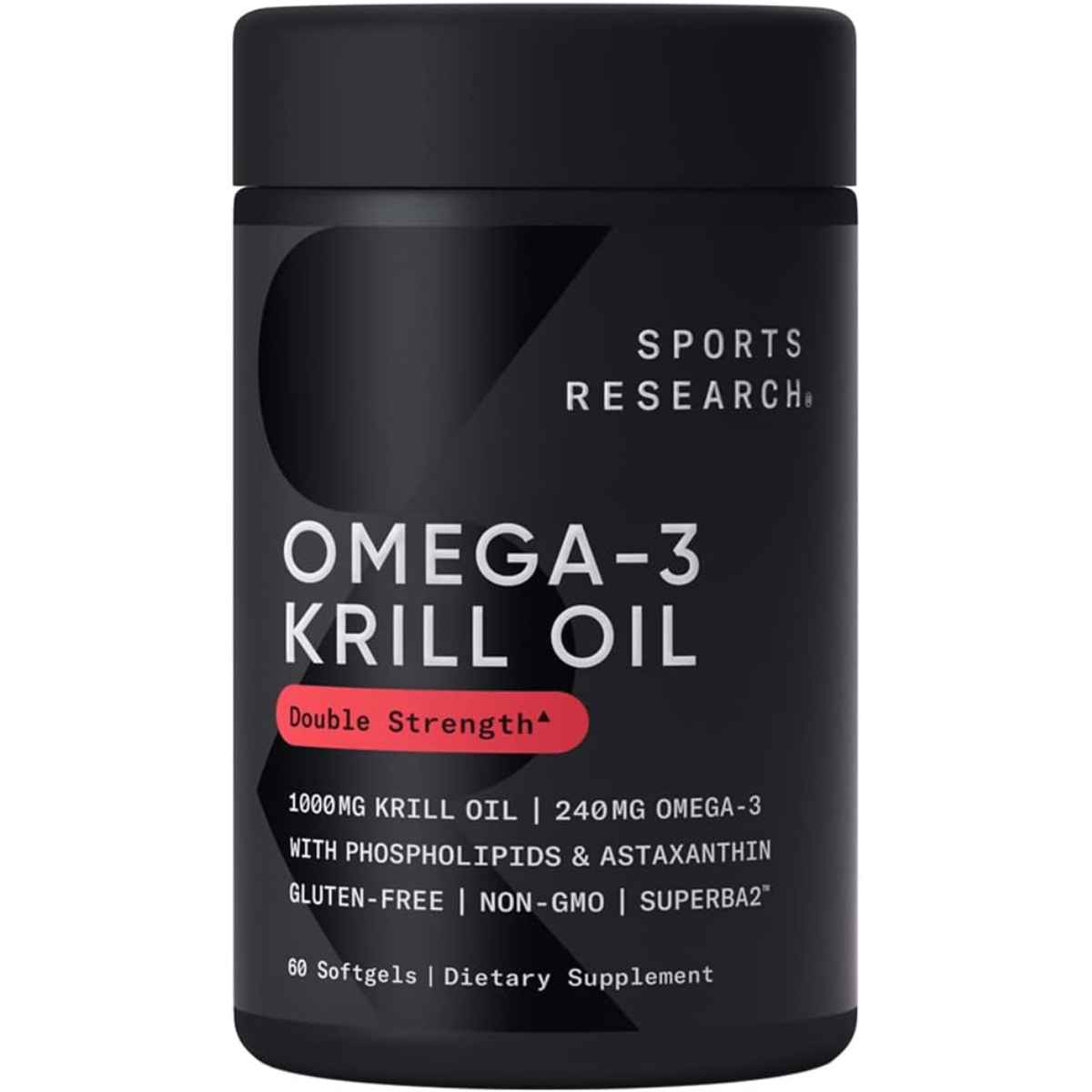 Frasco frontal de Sports Research Aceite de Krill Omega 3 Double Strength, presentación de 1000 mg y 60 cápsulas blandas.