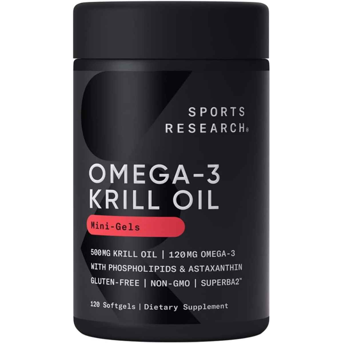 Frasco frontal de Sports Research Aceite de Krill Omega 3 Mini-Gels, presentación de 500 mg y 120 cápsulas blandas.