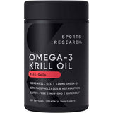 Frasco frontal de Sports Research Aceite de Krill Omega 3 Mini-Gels, presentación de 500 mg y 120 cápsulas blandas.