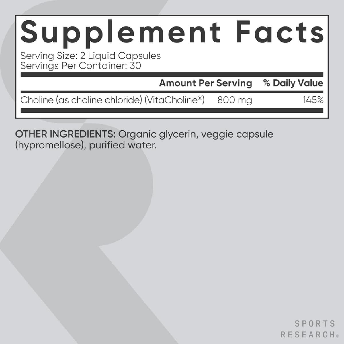 Información del suplemento de Sports Research colina extra fuerte 800 mg por porción