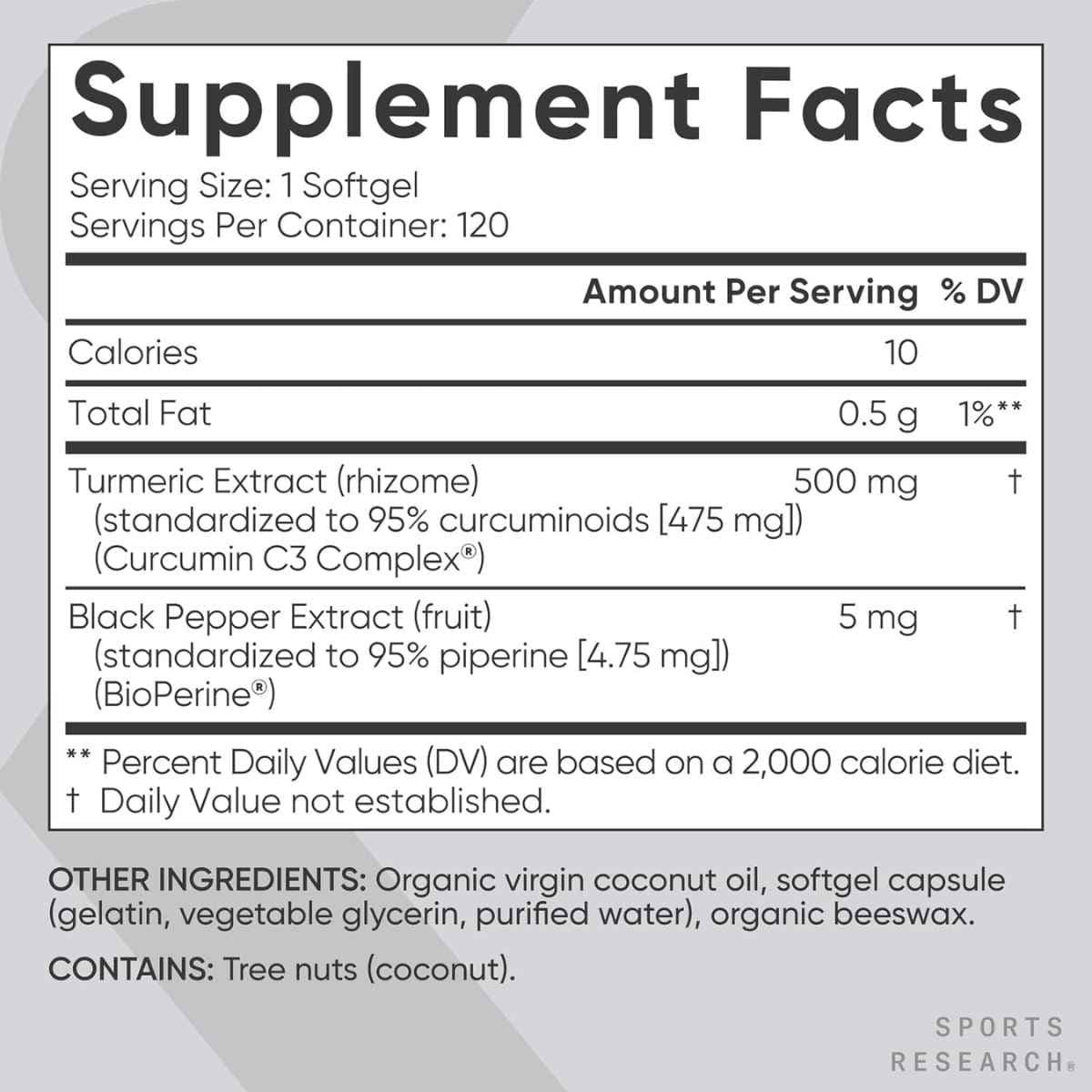 Tabla nutricional del suplemento Sports Research Cúrcuma Curcumina C3 Complex 120 Cápsulas