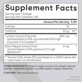 Tabla nutricional del suplemento Sports Research Cúrcuma Curcumina C3 Complex 120 Cápsulas