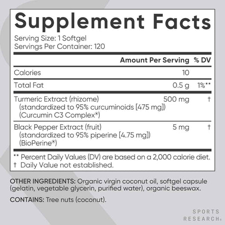 Tabla nutricional del suplemento Sports Research Cúrcuma Curcumina C3 Complex 120 Cápsulas