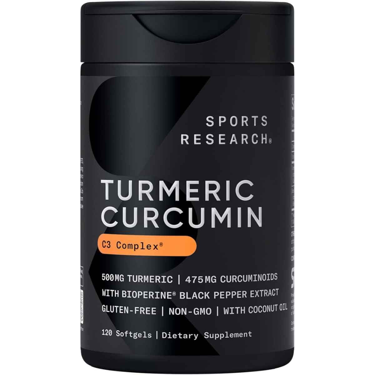 Frasco de suplemento Sports Research Cúrcuma Curcumina C3 Complex 120 Cápsulas