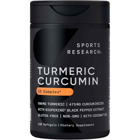 Frasco de suplemento Sports Research Cúrcuma Curcumina C3 Complex 120 Cápsulas