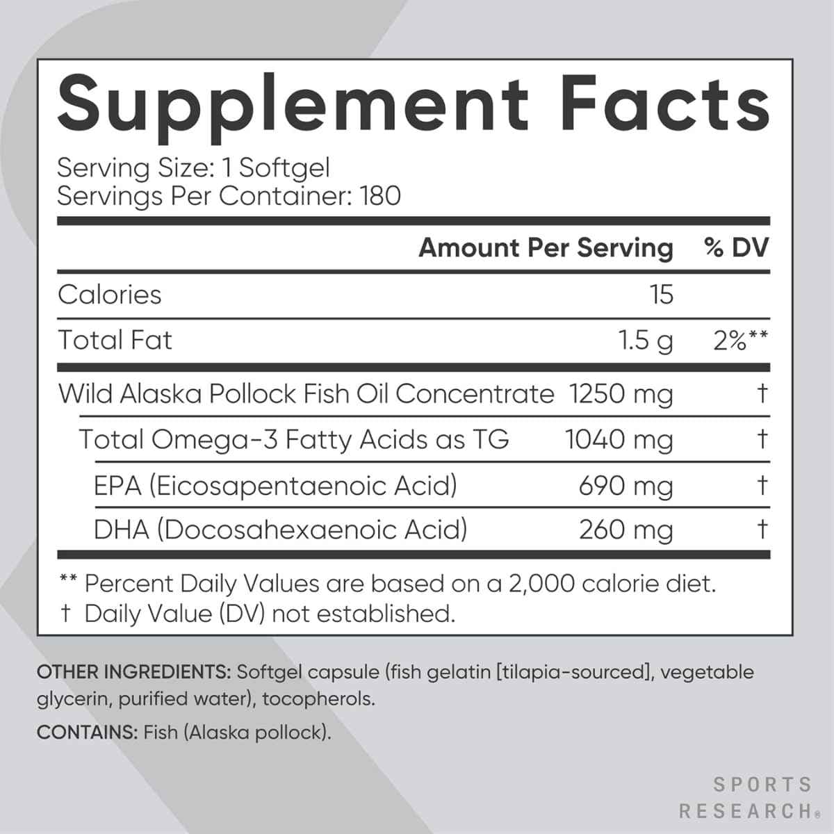 Etiqueta de Sports Research Omega-3 de Alaska con 180 porciones por envase