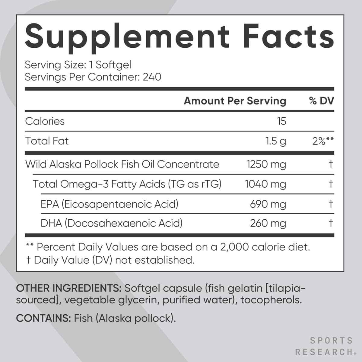 Etiqueta de Sports Research Omega-3 de Alaska con 240 porciones por envase