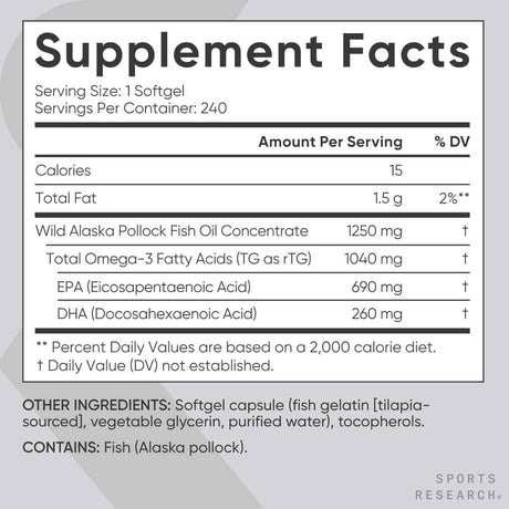 Etiqueta de Sports Research Omega-3 de Alaska con 240 porciones por envase