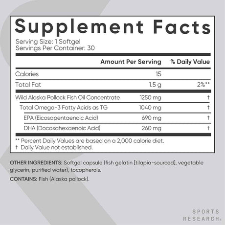 Etiqueta de Sports Research Omega-3 de Alaska con 1040 mg de Omega-3 por cápsula blanda