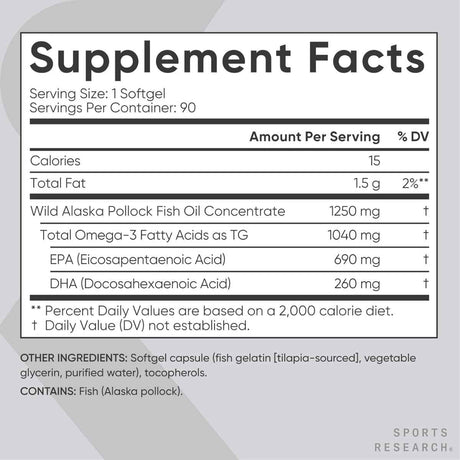 Etiqueta de Sports Research Omega-3 de Alaska con 90 porciones por envase