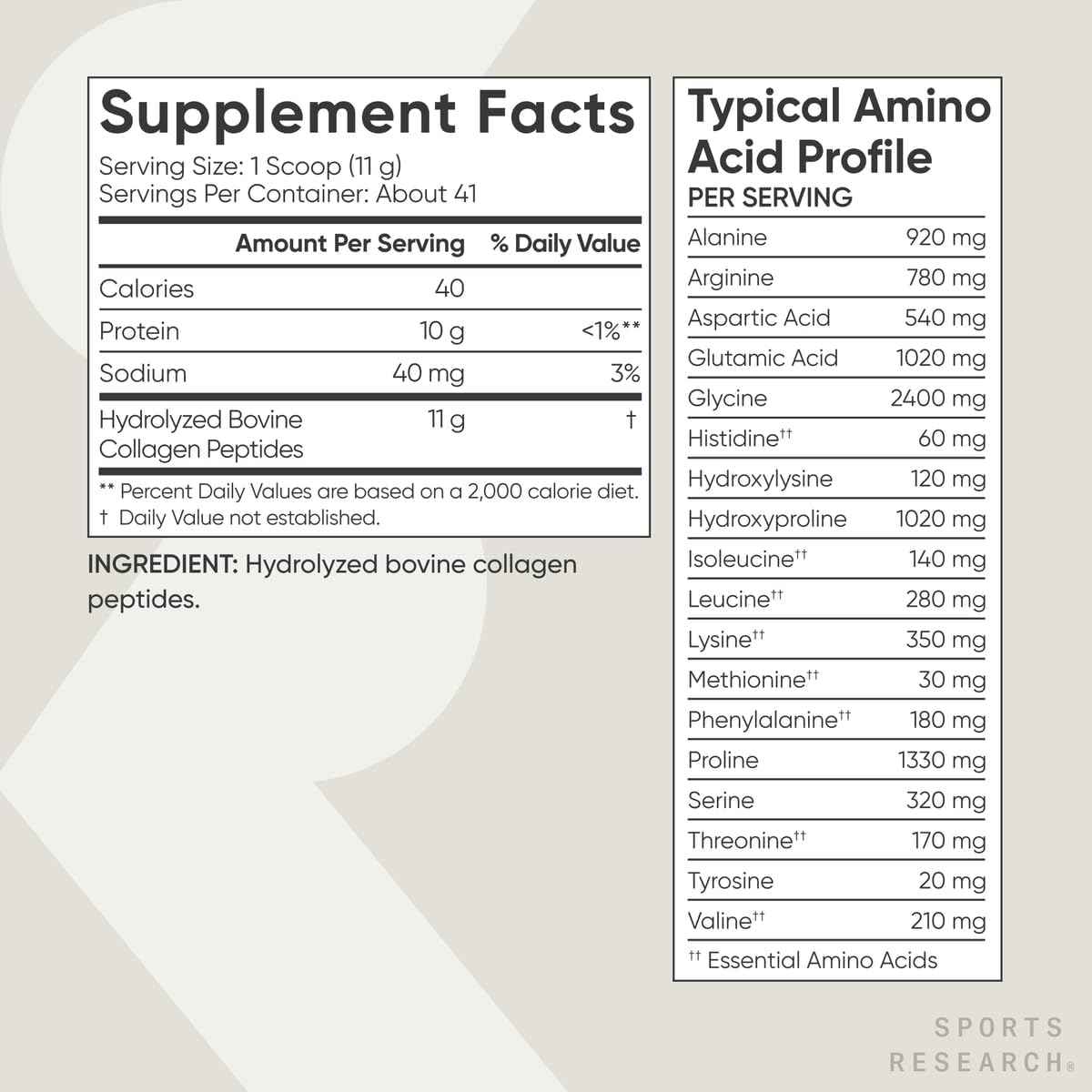 Tabla nutricional del suplemento Sports Research Péptidos de Colágeno Hidrolizado Bovino 1 lb (454 g)