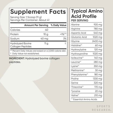 Tabla nutricional del suplemento Sports Research Péptidos de Colágeno Hidrolizado Bovino 1 lb (454 g)
