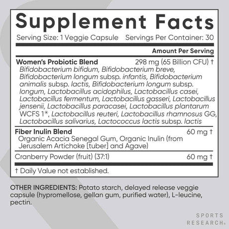 Tabla nutricional del suplemento Sports Research Probióticos Mujer 30 cápsulas