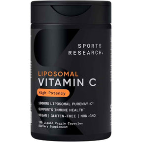 Frasco frontal de Sports Research vitamina C liposomal, presentación de 180 cápsulas.