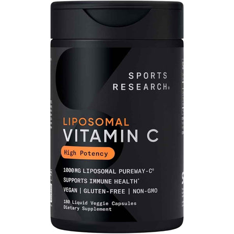 Frasco frontal de Sports Research vitamina C liposomal, presentación de 180 cápsulas.