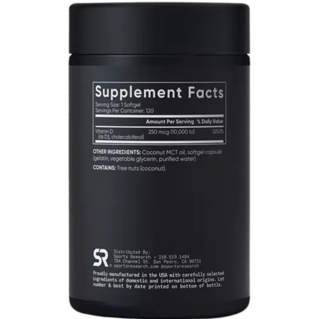 Tabla nutricional del suplemento Sports Research Vitamina D3 250 mcg 120 cápsulas blandas