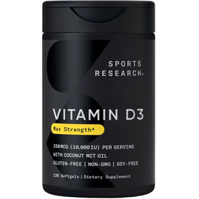 Frasco de suplemento Sports Research Vitamina D3 250 mcg 120 cápsulas blandas