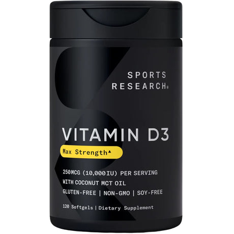 Frasco de suplemento Sports Research Vitamina D3 250 mcg 120 cápsulas blandas