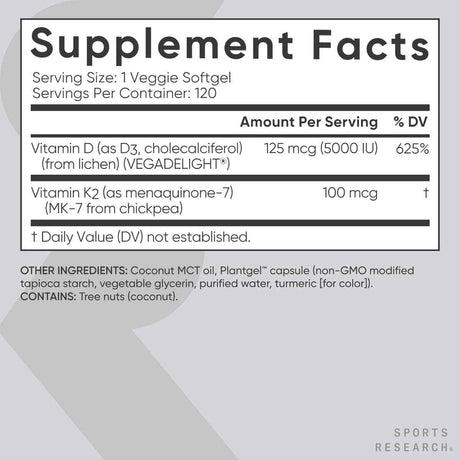 Tabla nutricional de Sports Research Vitamina D3 + K2 120 cápsulas blandas