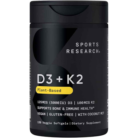 Frasco de suplemento Sports Research Vitamina D3 + K2 120 cápsulas blandas
