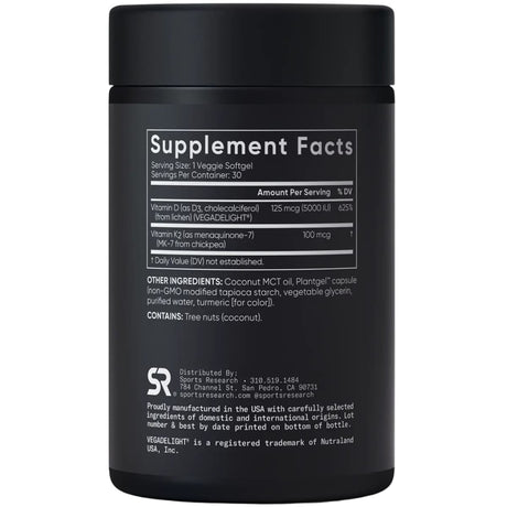 Tabla nutricional del suplemento Sports Research Vitamina D3 + K2 125 mcg y 100 mcg 30 cápsulas blandas