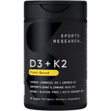Frasco de suplemento Sports Research Vitamina D3 + K2 125 mcg y 100 mcg 30 cápsulas blanda
