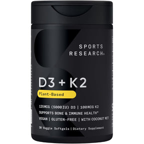 Frasco de suplemento Sports Research Vitamina D3 + K2 125 mcg y 100 mcg 30 cápsulas blanda