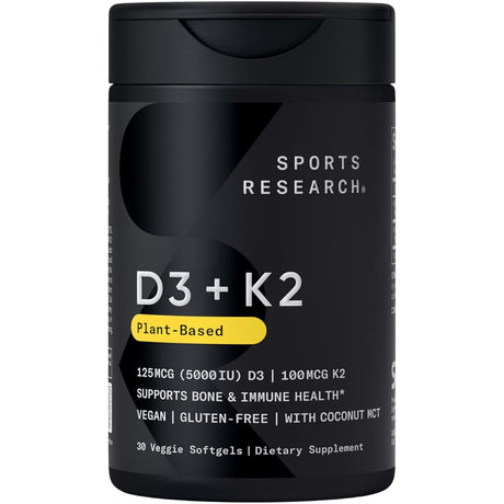 Frasco de suplemento Sports Research Vitamina D3 + K2 125 mcg y 100 mcg 30 cápsulas blanda