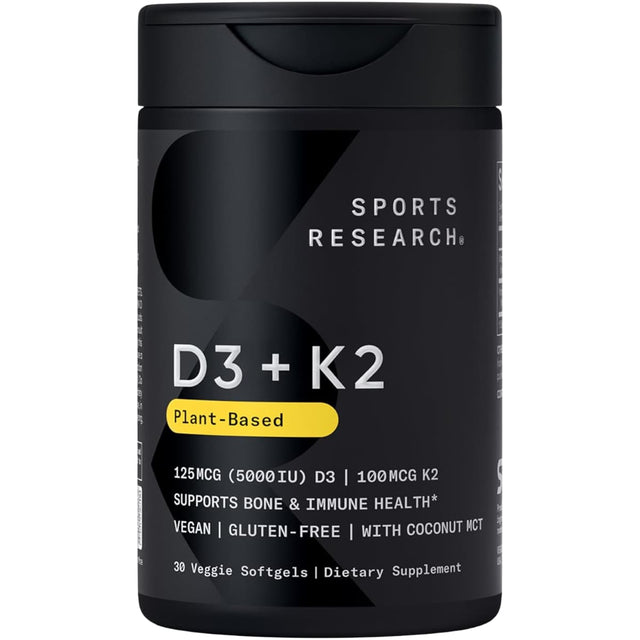 Frasco de suplemento Sports Research Vitamina D3 + K2 125 mcg y 100 mcg 30 cápsulas blanda